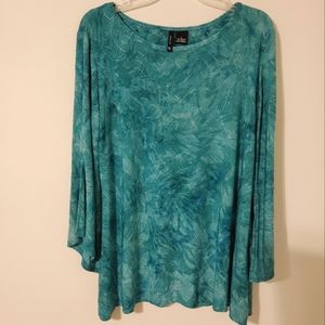 New Directions Floral Green High/Low 3/4 Sleeves Tunic Style Strecth Blouse Sz L